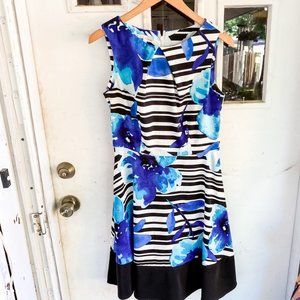 Signature Darby Black and White Striped and Blue Floral Sleeveless A Line Dress